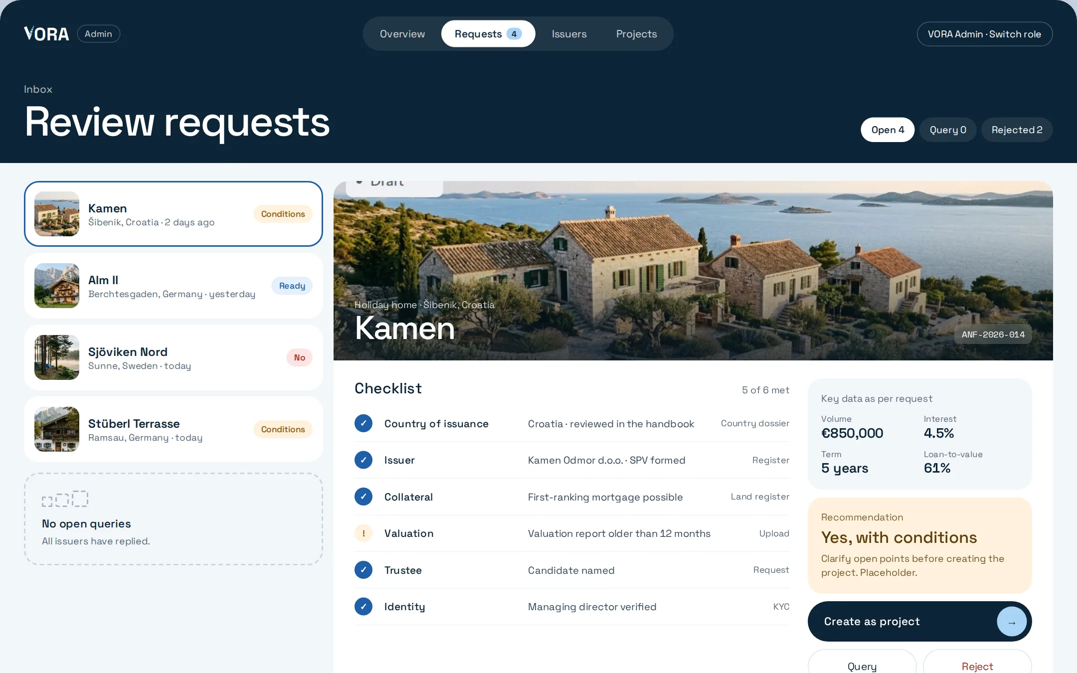 VORA Admin screen: requests with checklist and recommendation