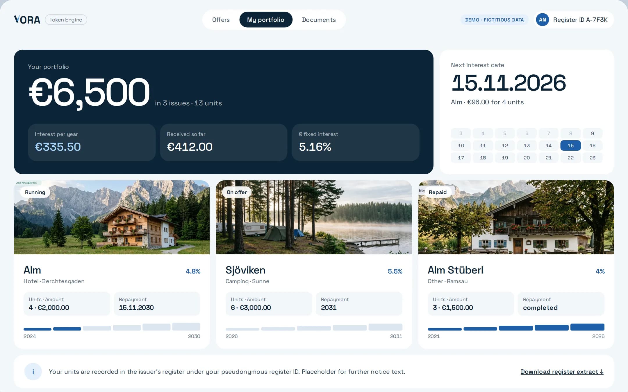 Investor screen: portfolio with positions and interest dates