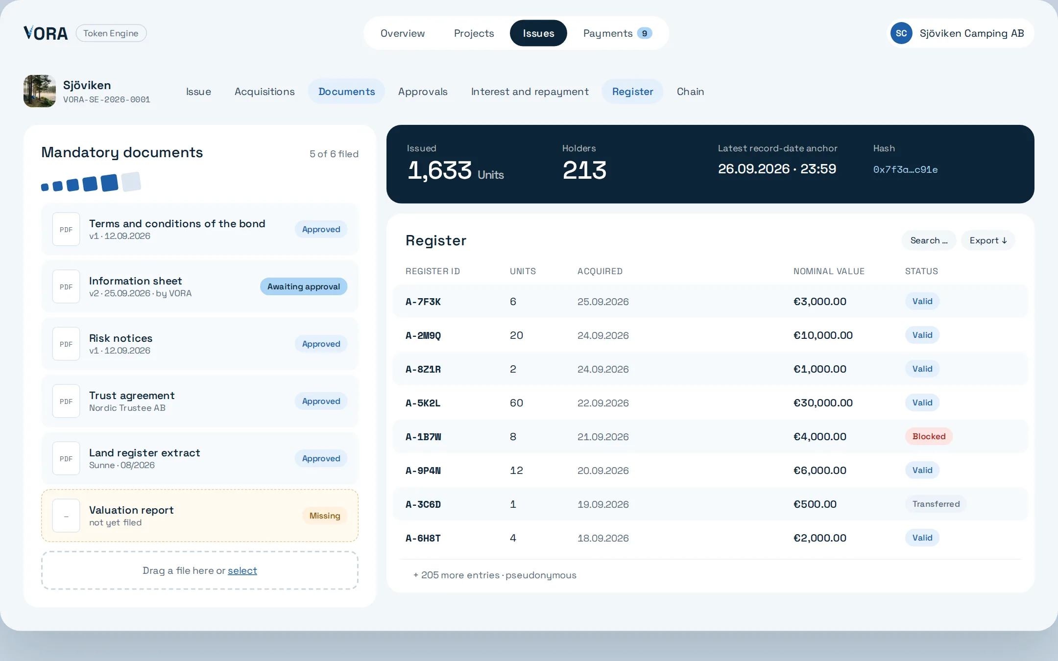Issuer screen: register and mandatory documents