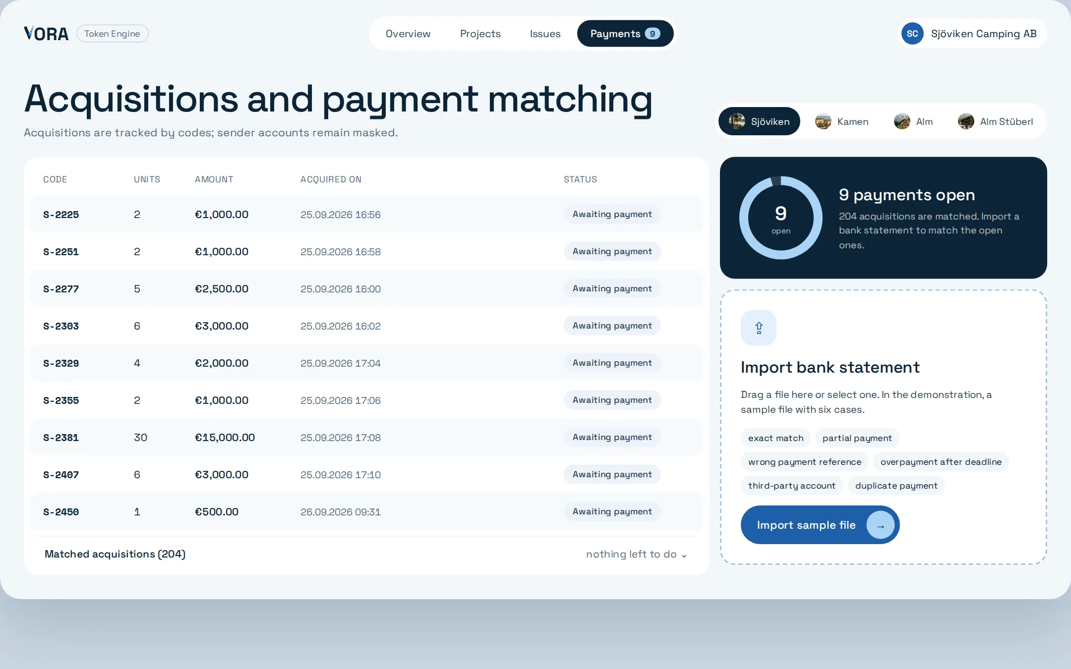 Issuer screen: payment matching with bank statement