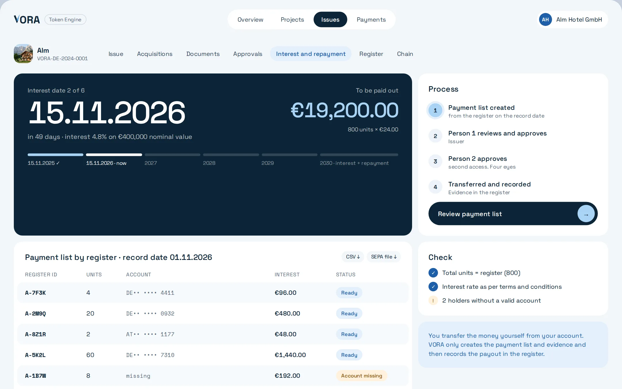 Issuer screen: interest run with payment list