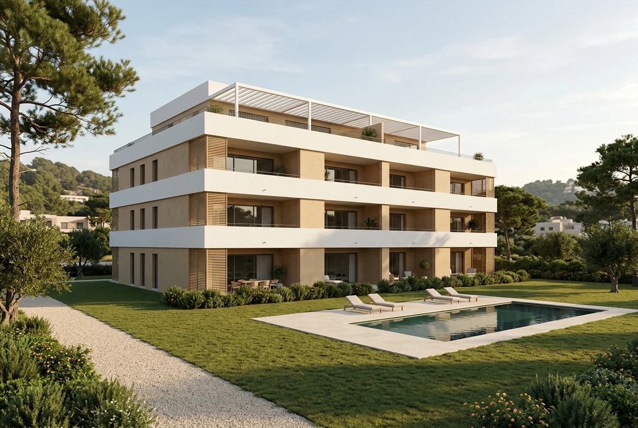 Illustration: freistehendes Wohngebäude mit Dachterrasse in einem Garten mit Pool