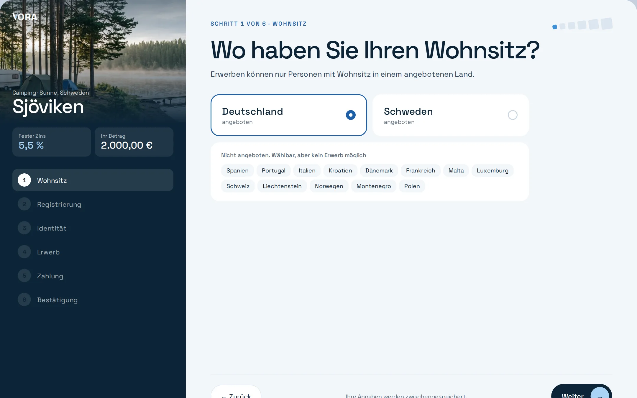 Bildschirm Anleger: Erwerb in sechs Schritten, beginnend mit dem Wohnsitz