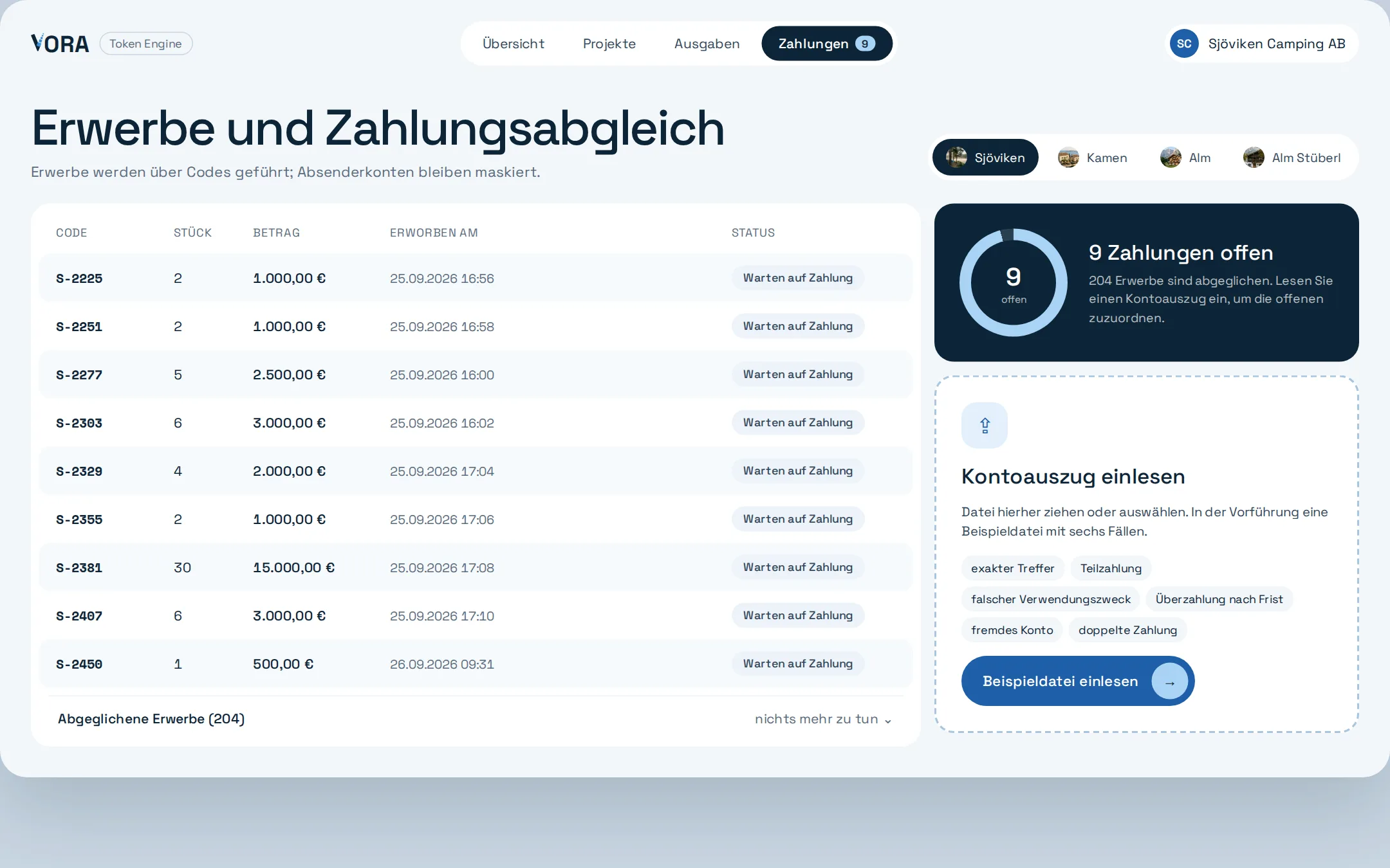 Bildschirm Emittentin: Zahlungsabgleich mit Kontoauszug