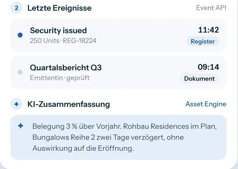 Detail: letzte Ereignisse und KI-Zusammenfassung zum Asset