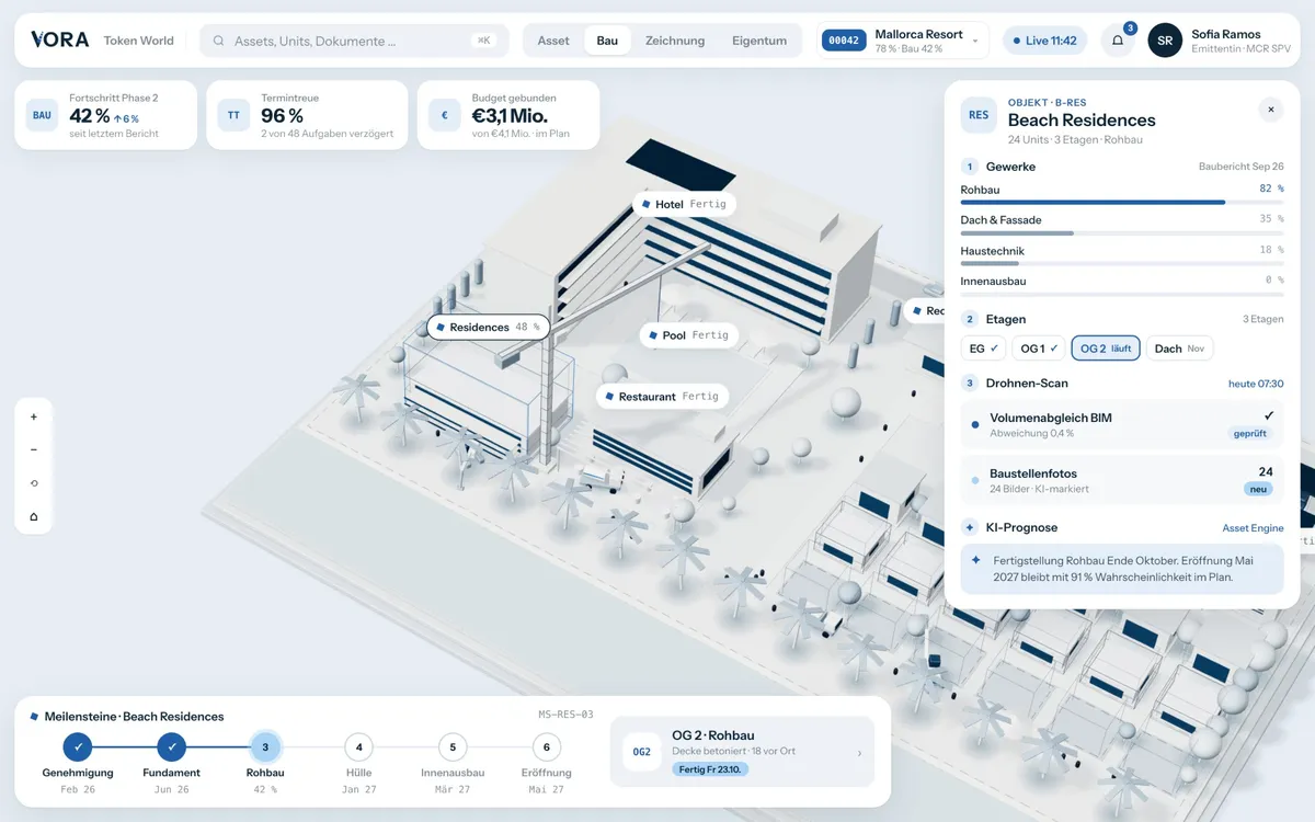 Token World: Baufortschritt der Beach Residences mit Kran, Gewerken und Drohnen-Scan